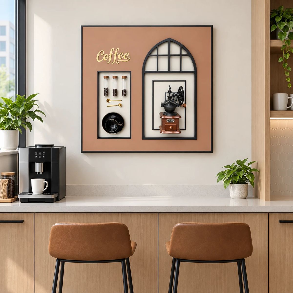 Framed Coffee Wall Art with Real Grinder | 80cm 3D Artwork