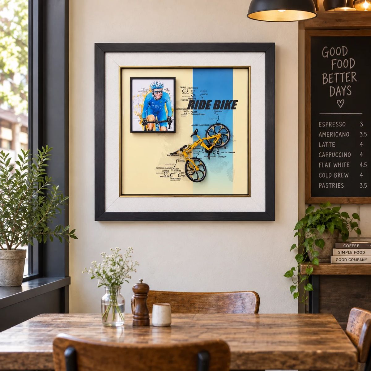 Framed Cycling Wall Art with Miniature Bicycle | 54cm