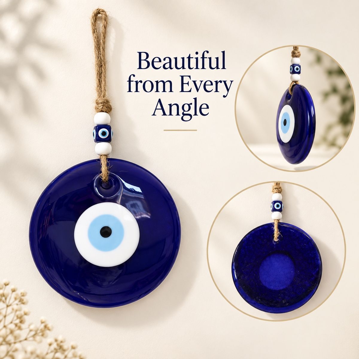 Front and angled views of the round glass evil eye wall hanging