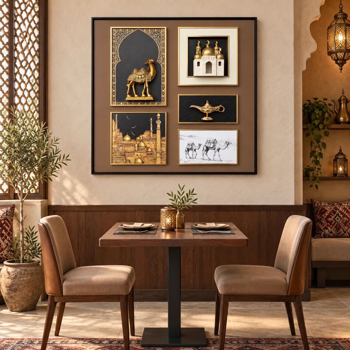 Arabian Wall Art with Raised Camel Objects, styled in a specialist venue