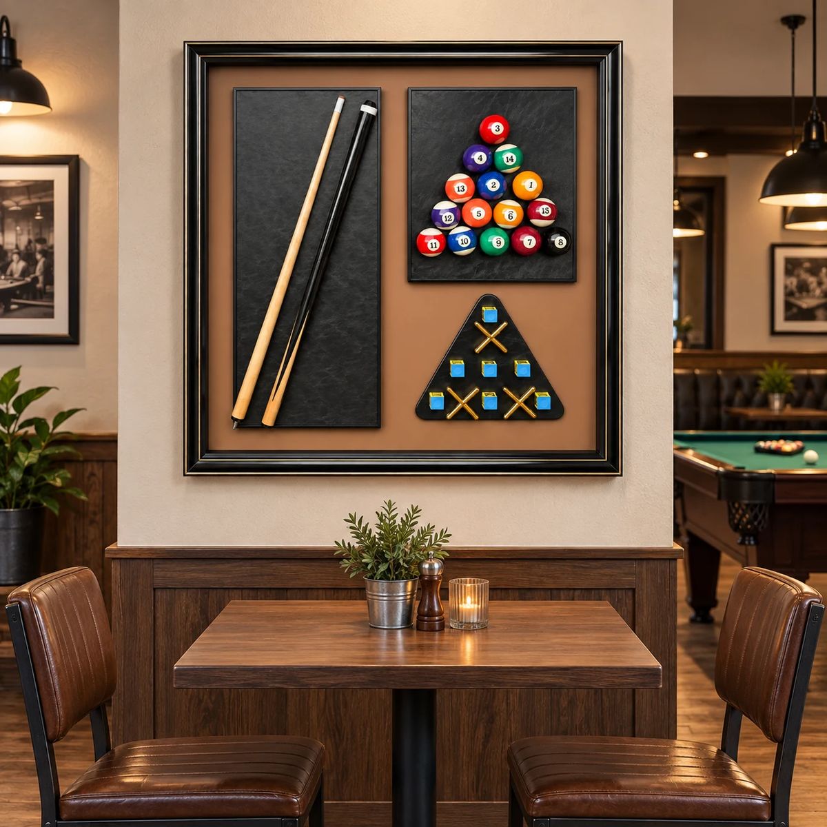 Games Room Wall Art with Real Pool Balls, styled in a specialist venue