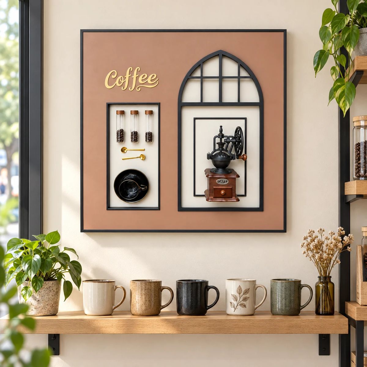 Framed Coffee Wall Art with Real Grinder | 80cm 3D Artwork