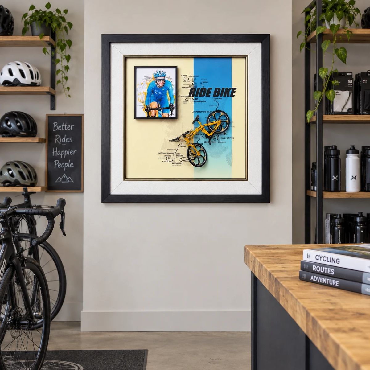 Framed Cycling Wall Art with Miniature Bicycle | 54cm