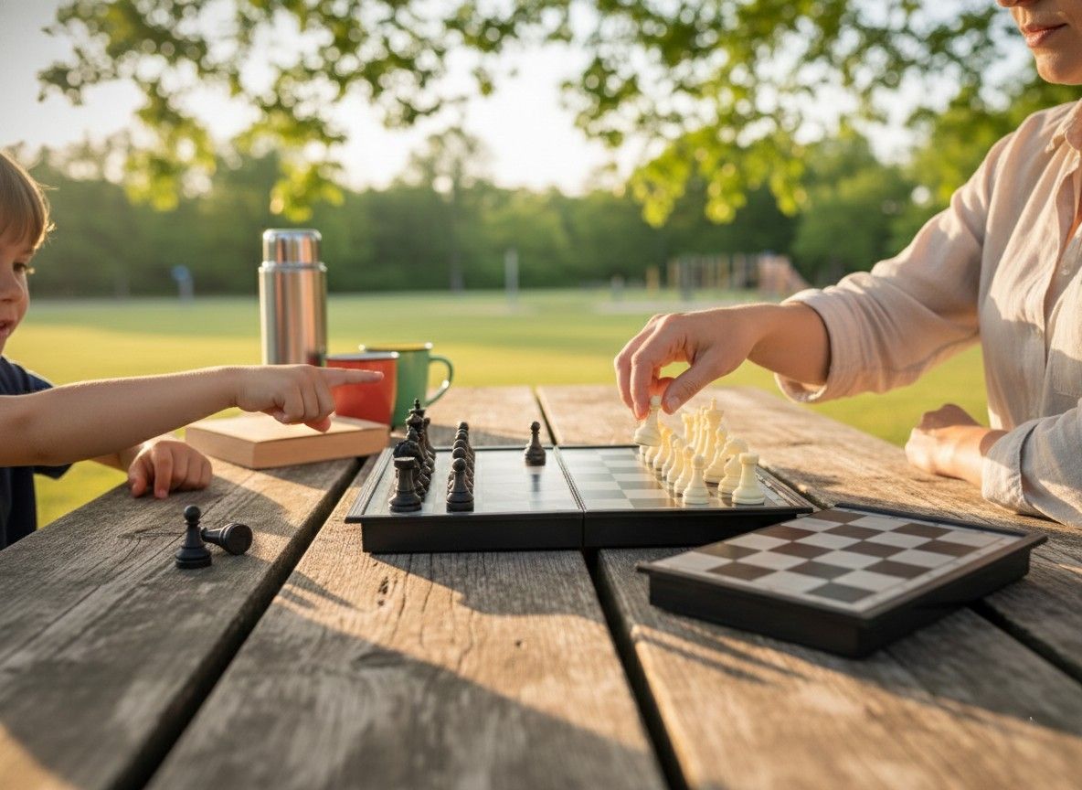 Magnetic travel chess set outdoors.