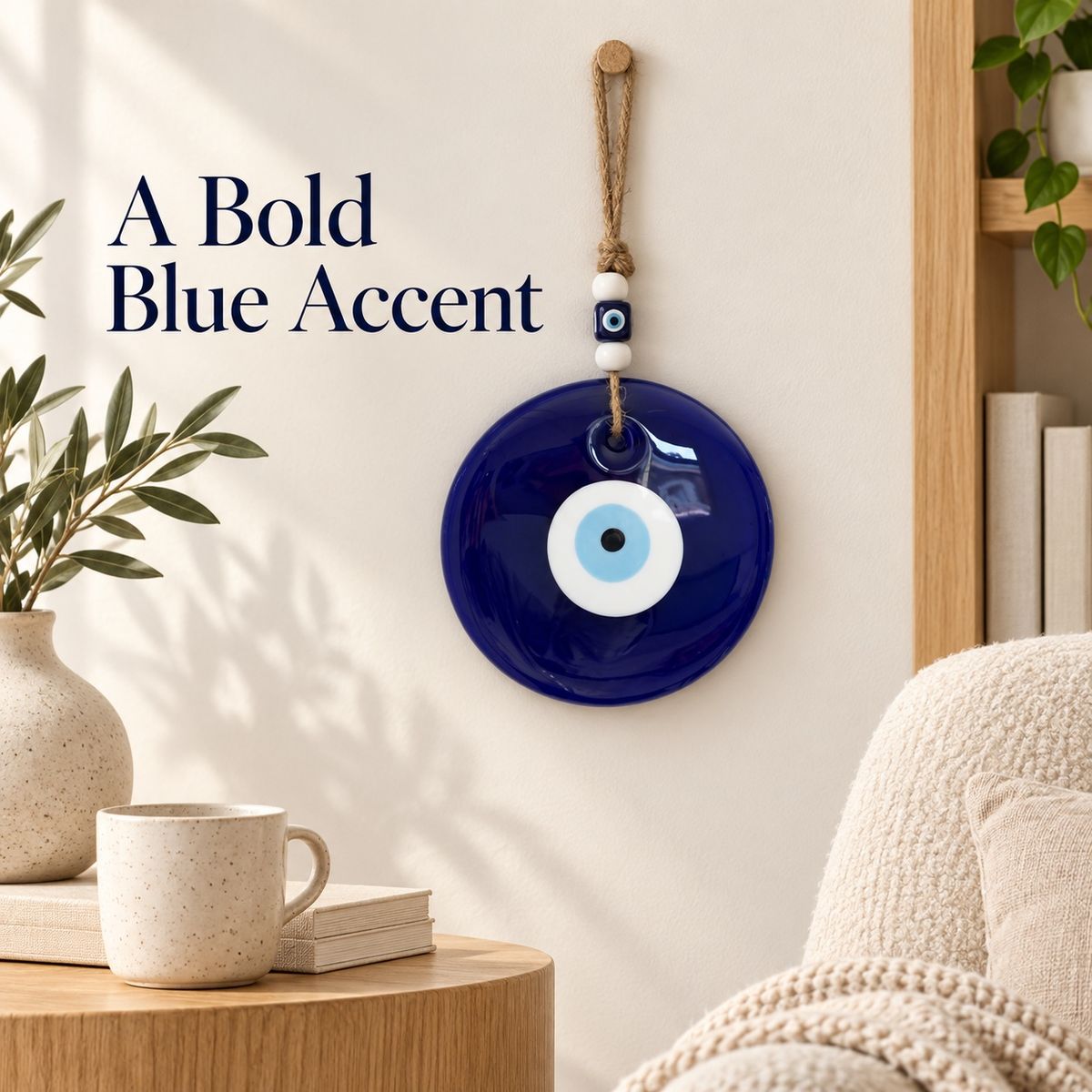 Bold blue glass evil eye adding a decorative accent to an interior