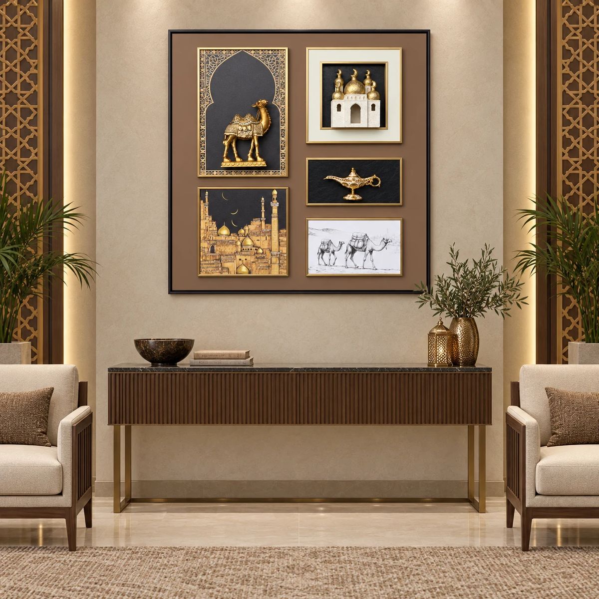 Arabian Wall Art with Raised Camel Objects, displayed in an office or reception area