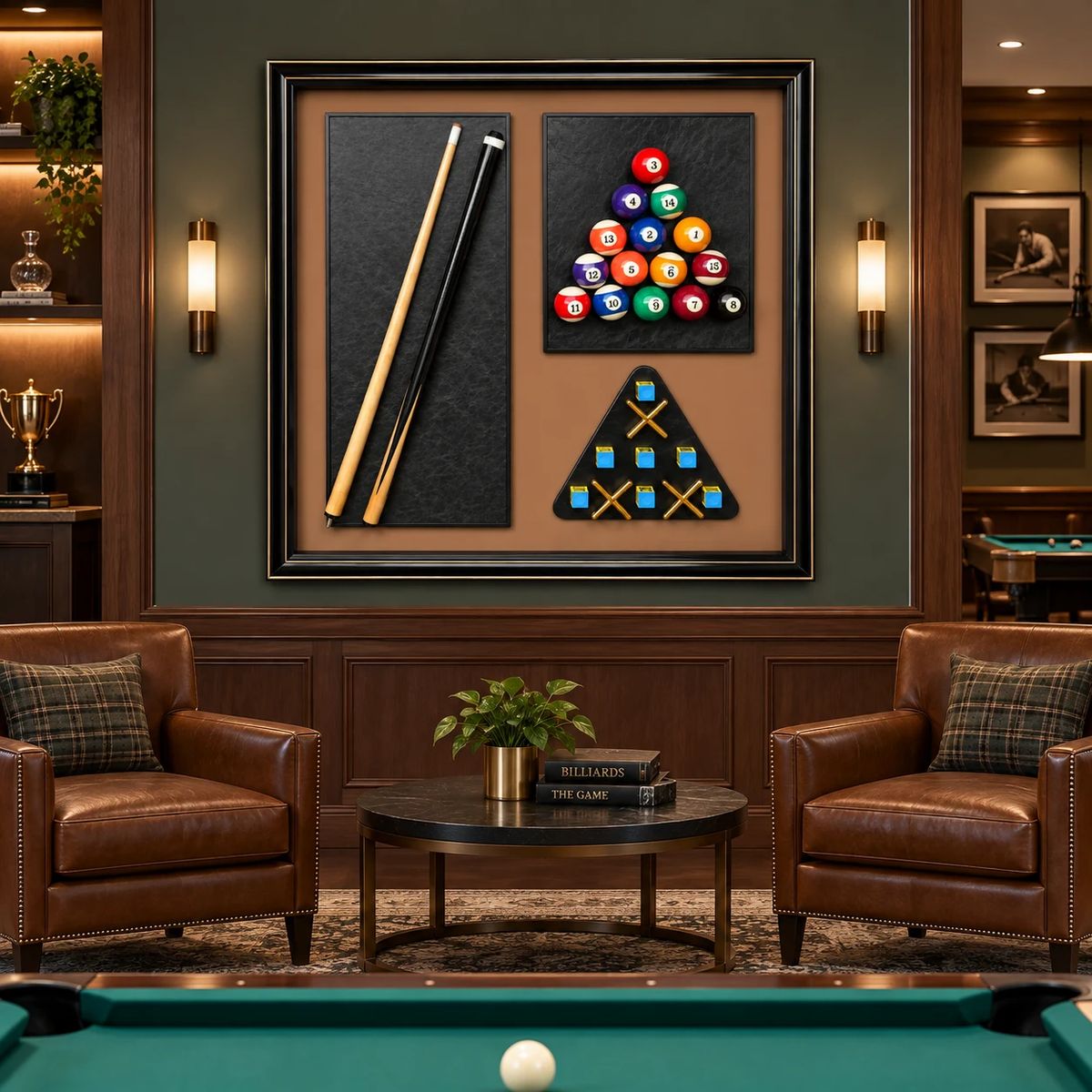 Games Room Wall Art with Real Pool Balls, displayed in an office or reception area