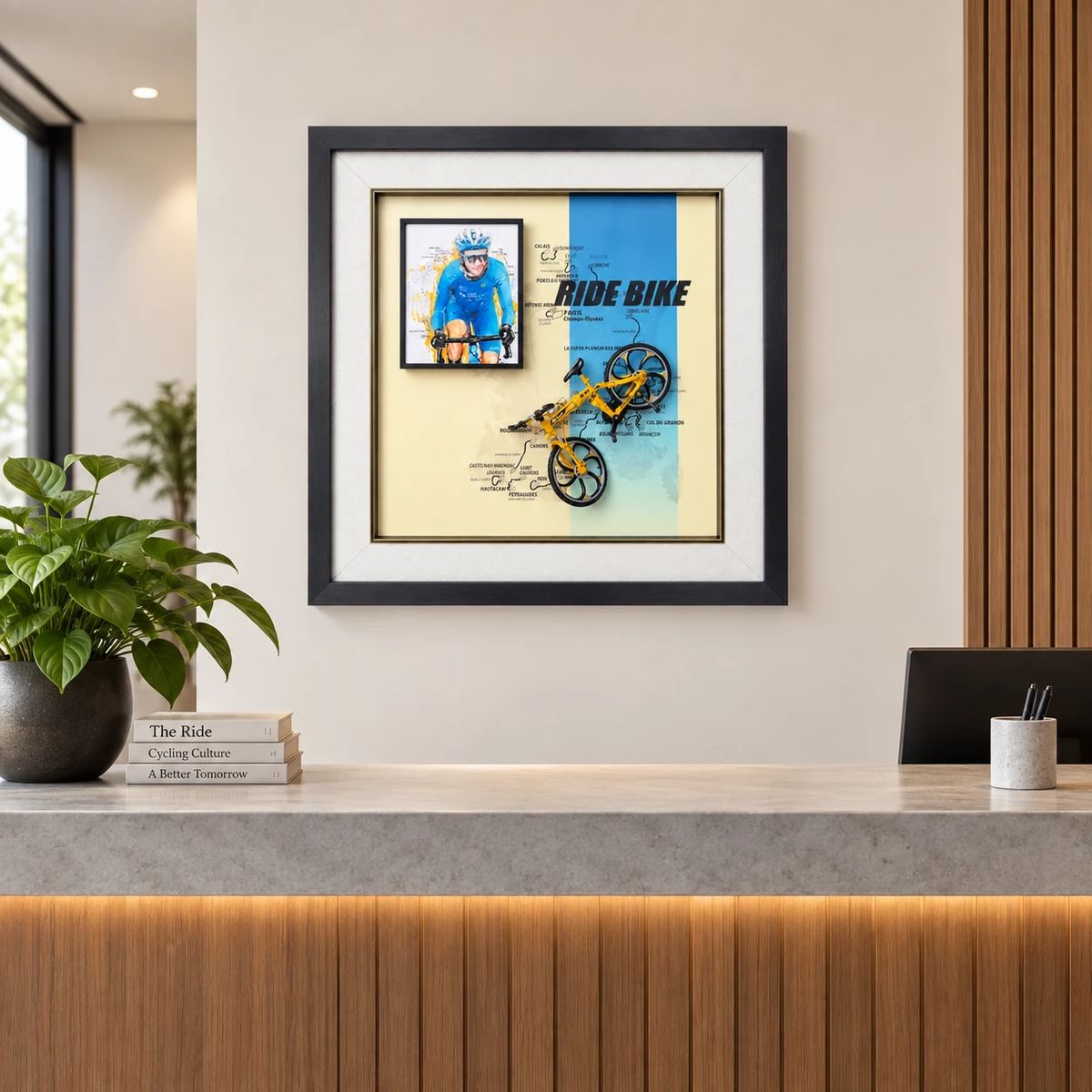 Framed Cycling Wall Art with Miniature Bicycle | 54cm