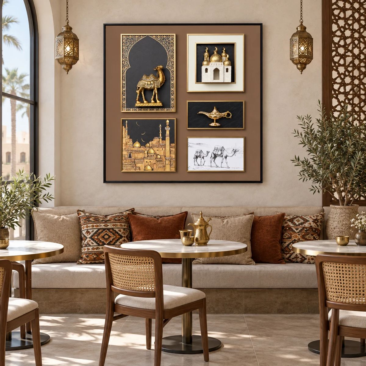 Arabian Wall Art with Raised Camel Objects, shown in a relaxed lounge setting