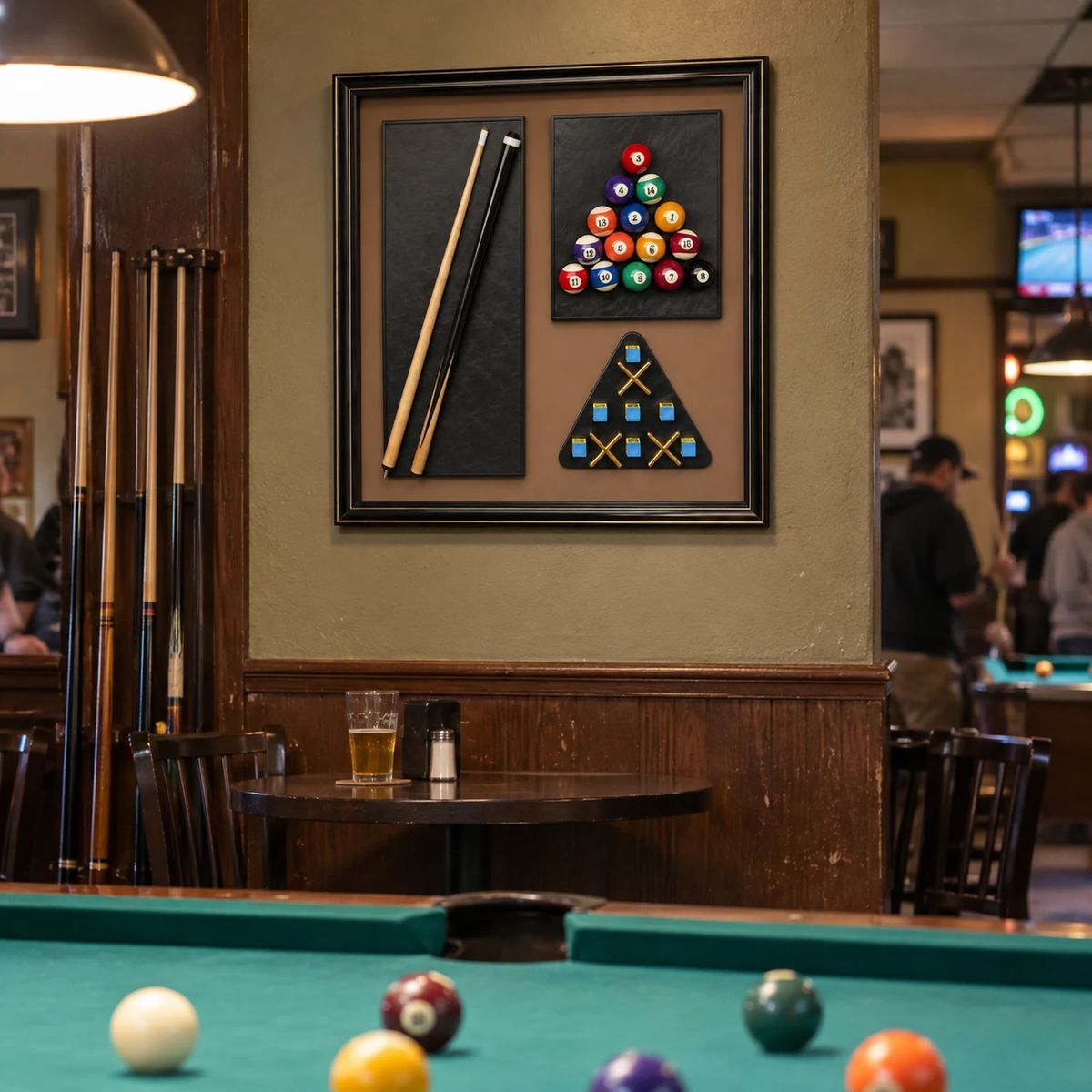 Games Room Wall Art with Real Pool Balls, shown in a relaxed lounge setting