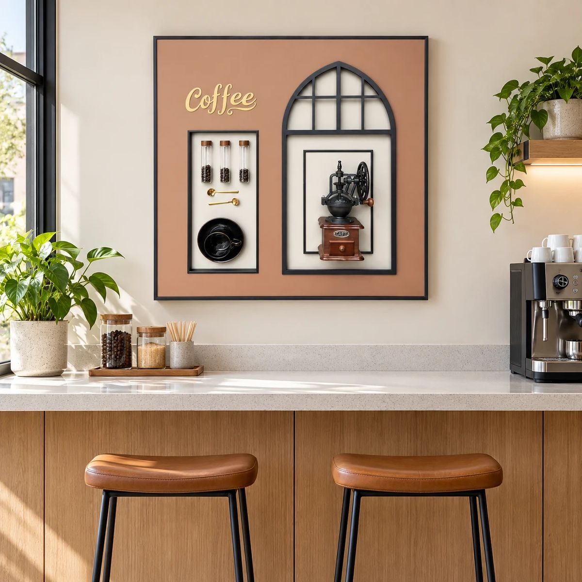 Framed Coffee Wall Art with Real Grinder | 80cm 3D Artwork