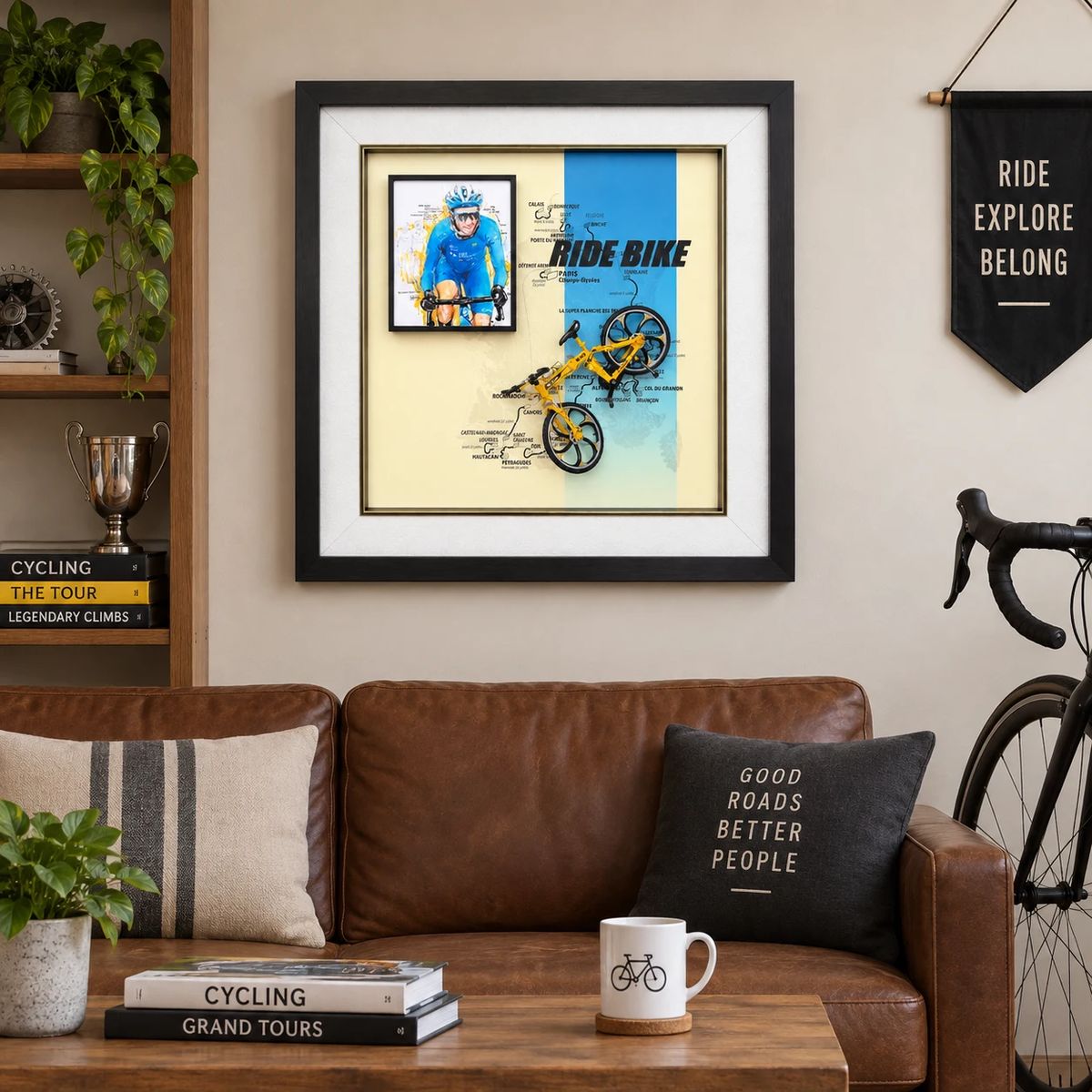 Framed Cycling Wall Art with Miniature Bicycle | 54cm