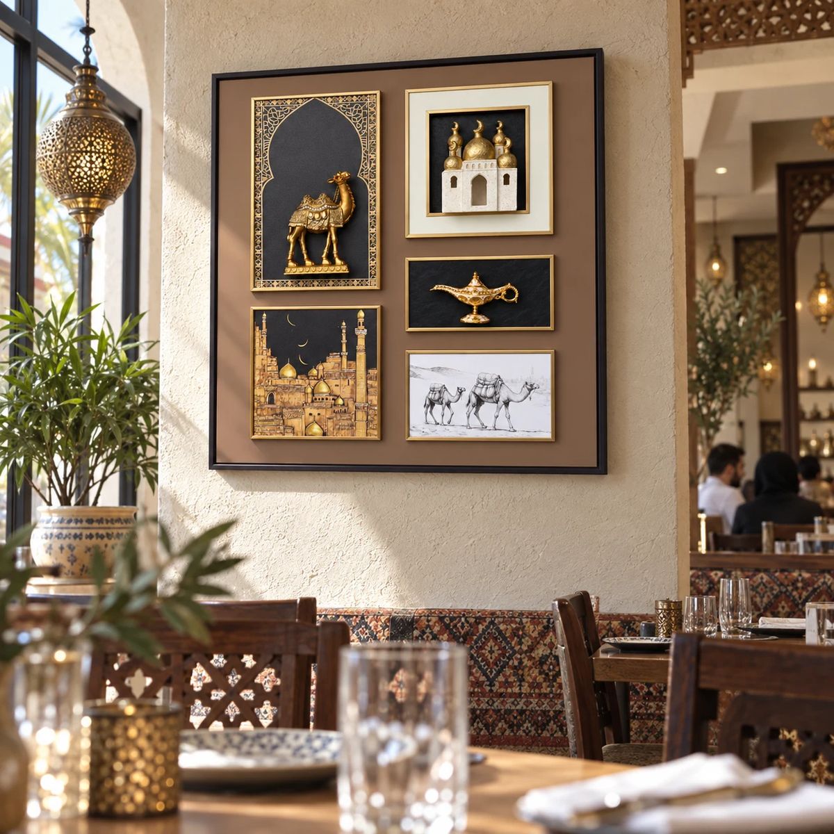 Arabian Wall Art with Raised Camel Objects, displayed in a realistic customer space