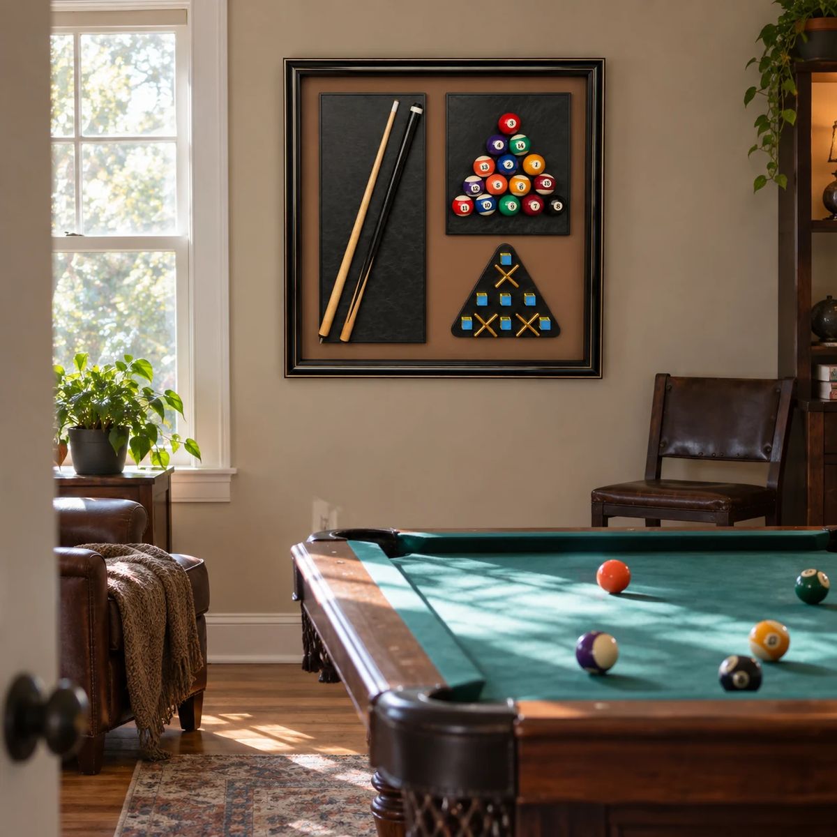 Games Room Wall Art with Real Pool Balls, displayed in a realistic customer space