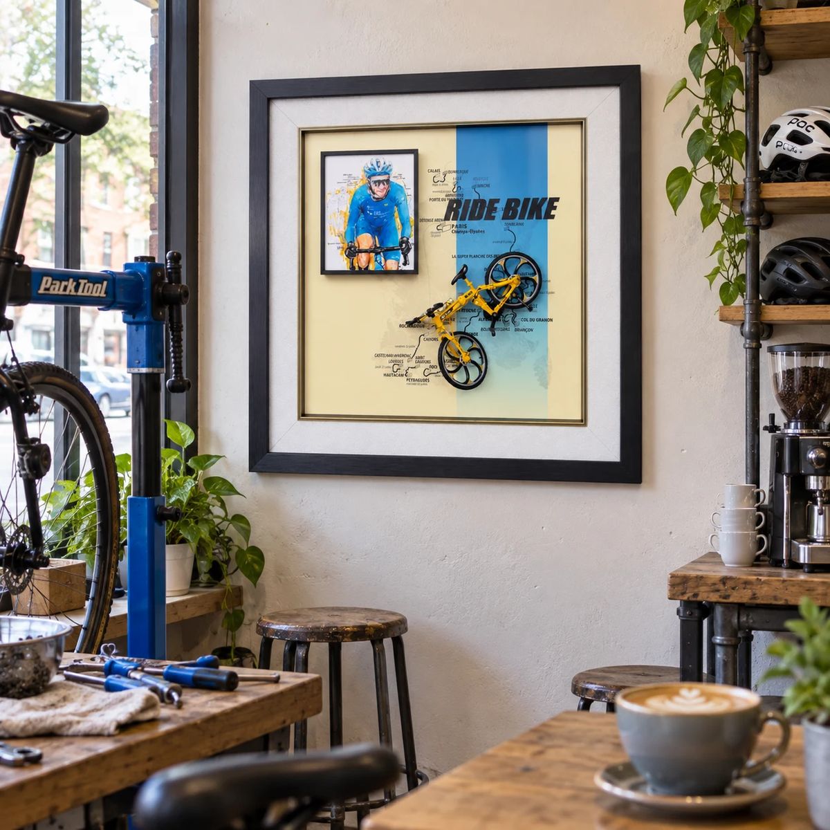 Framed Cycling Wall Art with Miniature Bicycle | 54cm