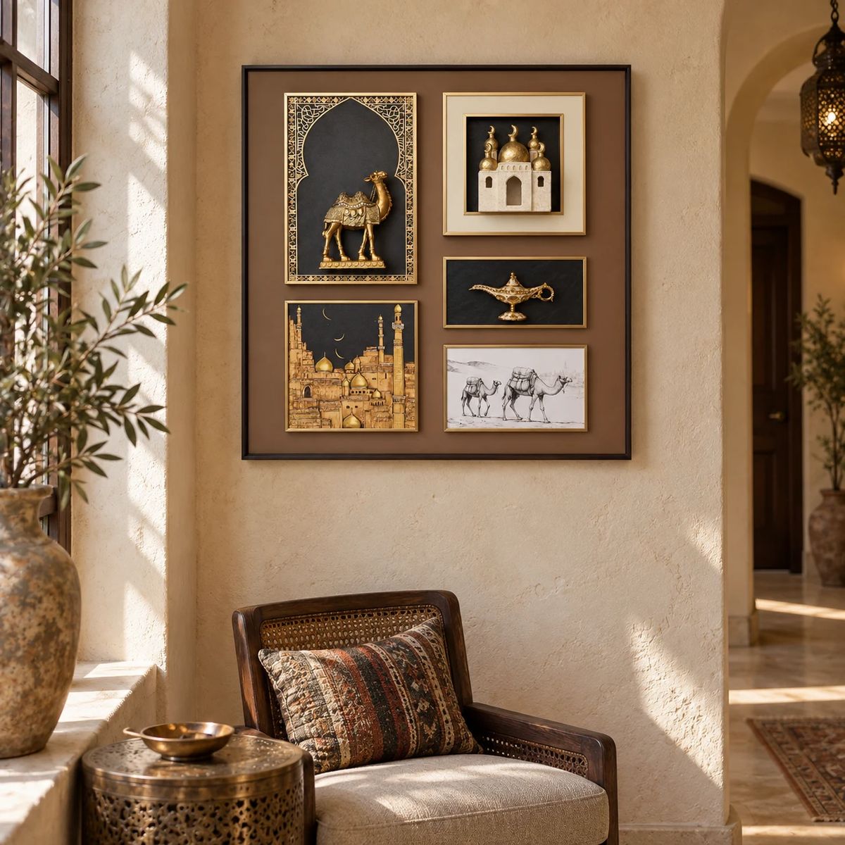 Arabian Wall Art with Raised Camel Objects, styled in a modern hospitality interior