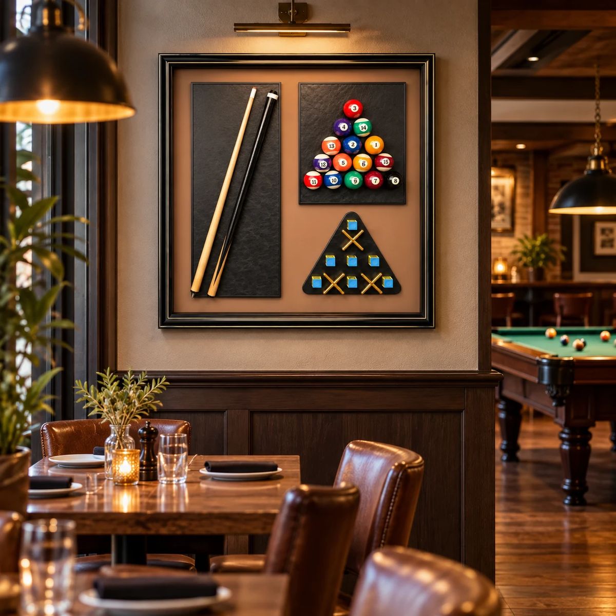 Games Room Wall Art with Real Pool Balls, styled in a modern hospitality interior