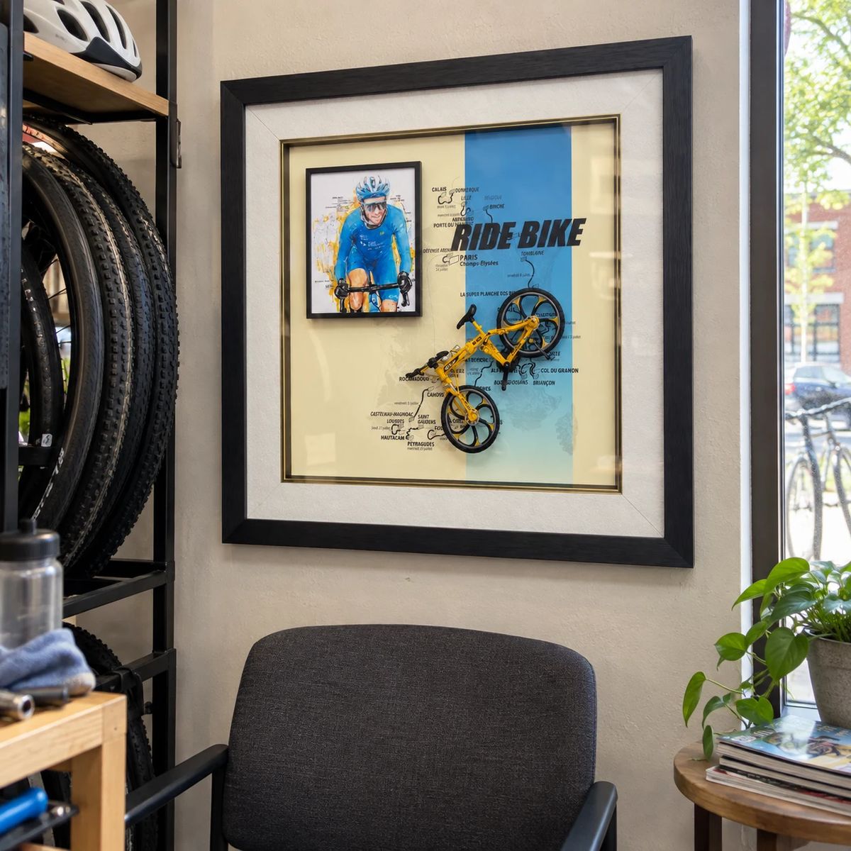 Framed Cycling Wall Art with Miniature Bicycle | 54cm