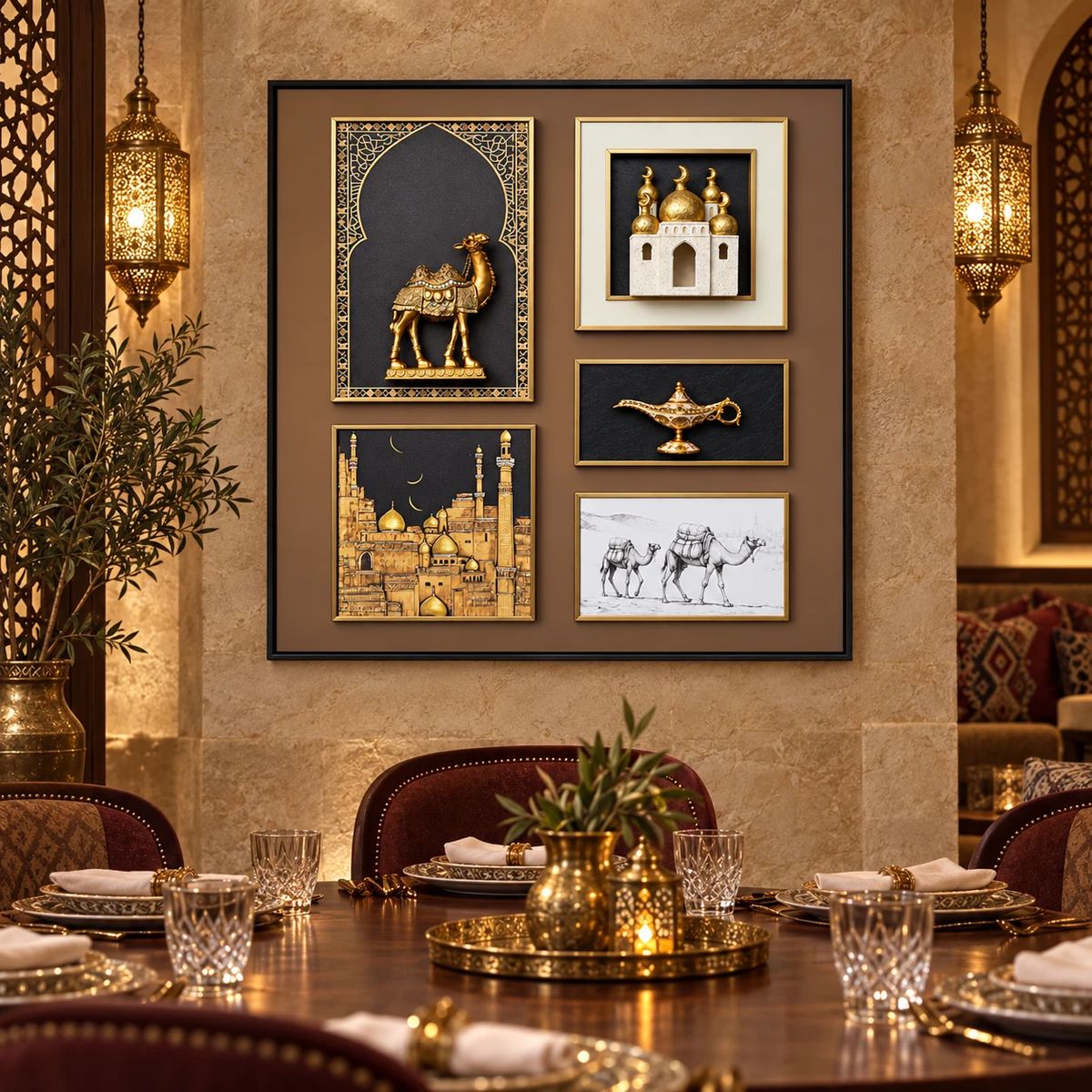 Arabian Wall Art with Raised Camel Objects, shown as a square wall feature