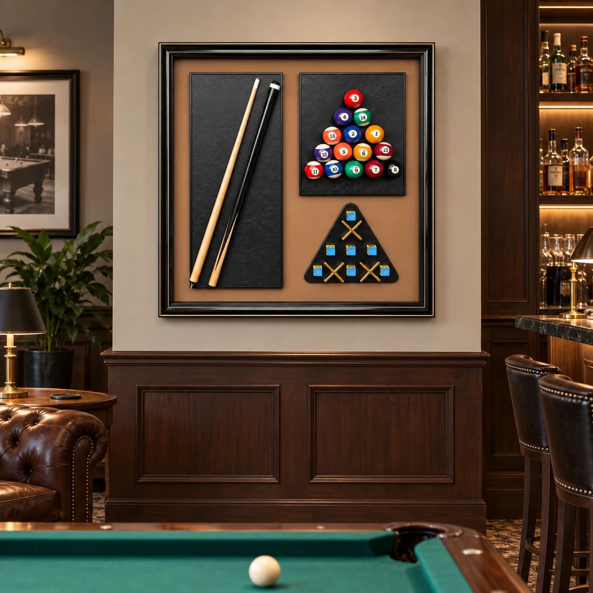 Games Room Wall Art with Real Pool Balls, shown as a square wall feature