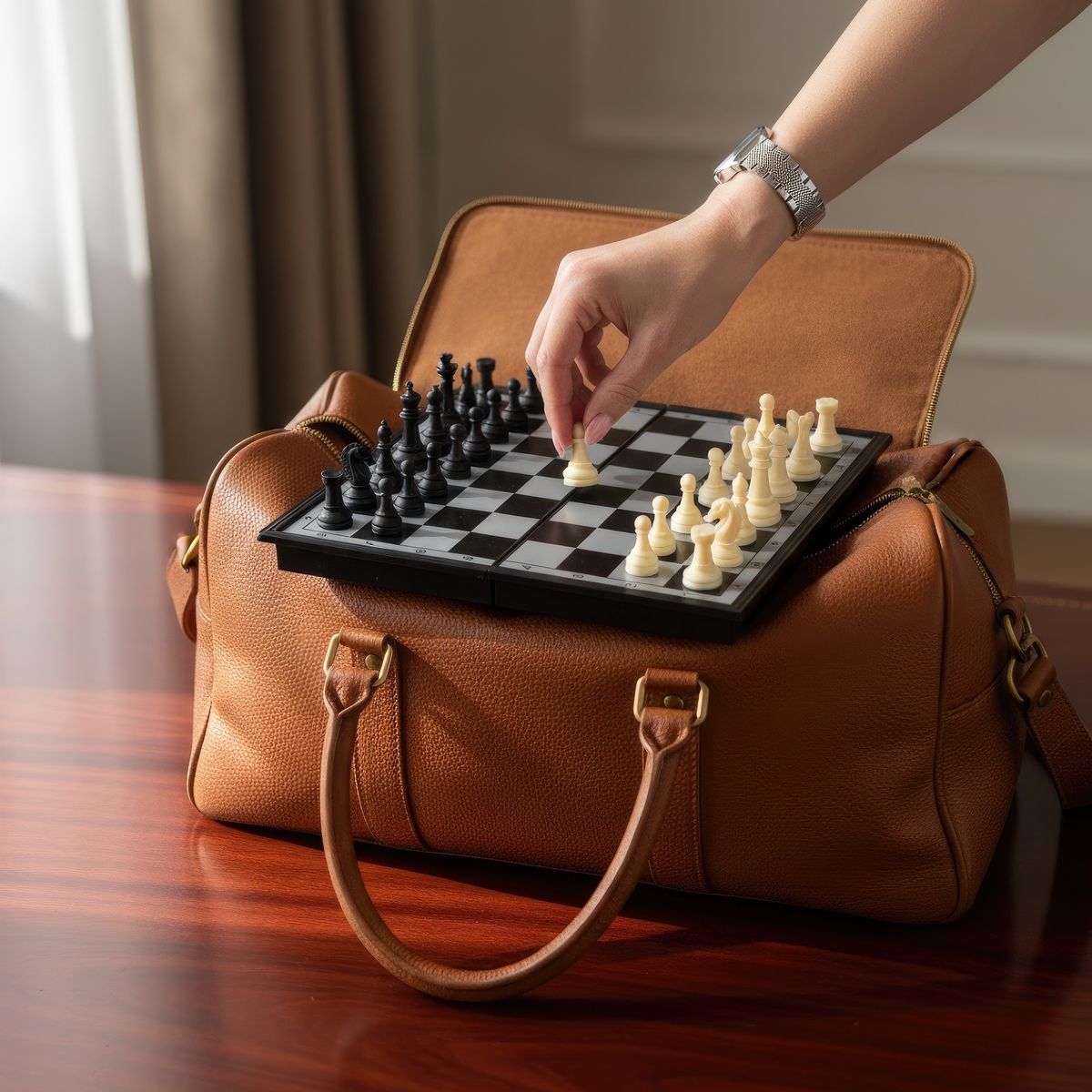 Magnetic chess set travel bag.