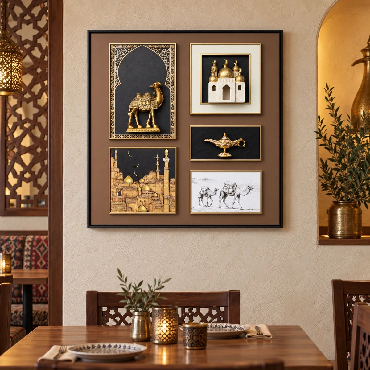 Arabian Wall Art with Raised Camel Objects, final lifestyle view of the framed artwork