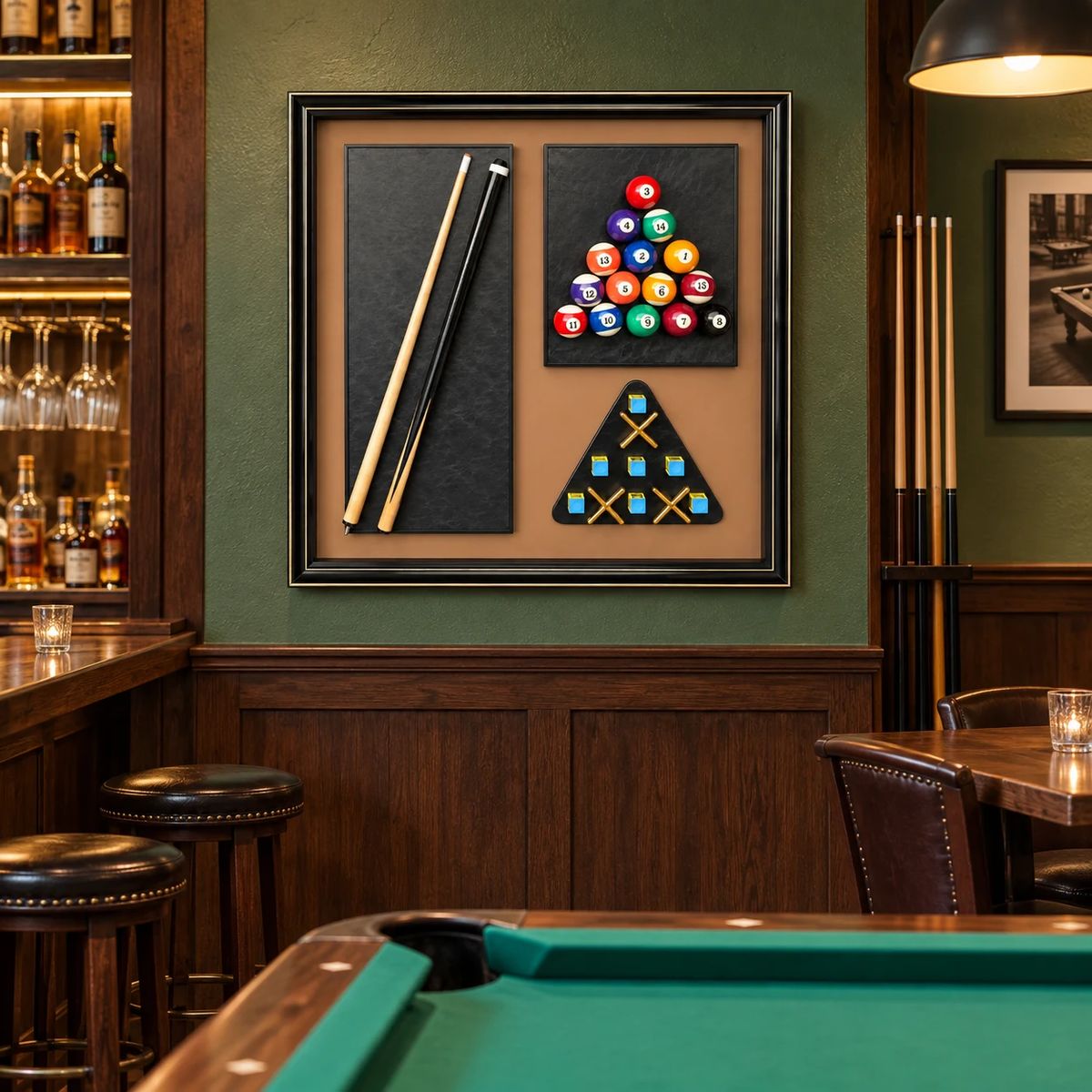 Games Room Wall Art with Real Pool Balls, final lifestyle view of the framed artwork