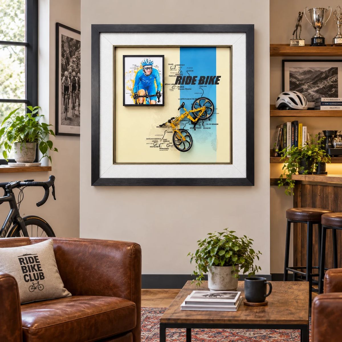 Framed Cycling Wall Art with Miniature Bicycle | 54cm